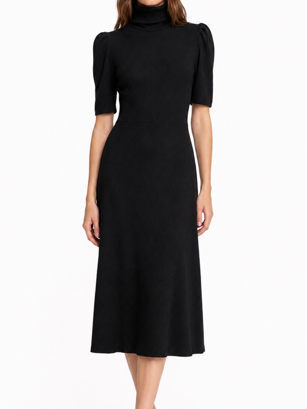Zara Ribbed Knit Turtleneck Fit & Flare Midi Dress Black Size M